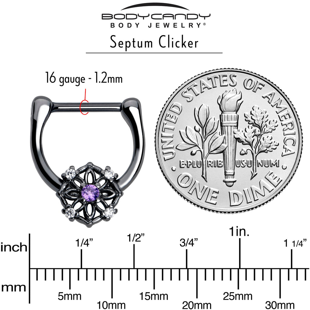 16G 5/16 Purple Clear CZ Gem Black Flower Ring Cartilage Clicker