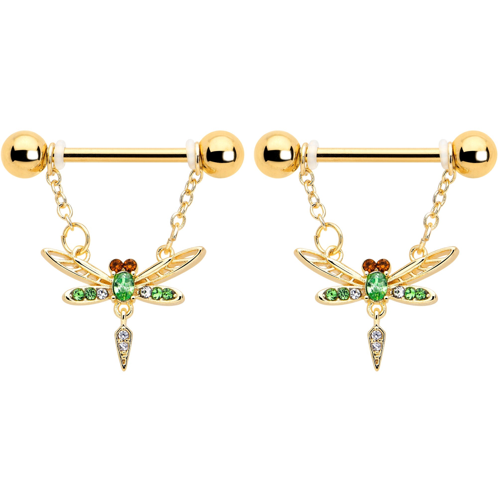 14G 9/16 Green Gem Gold Tone Swank Dragonfly Dangle Nipple Ring Set