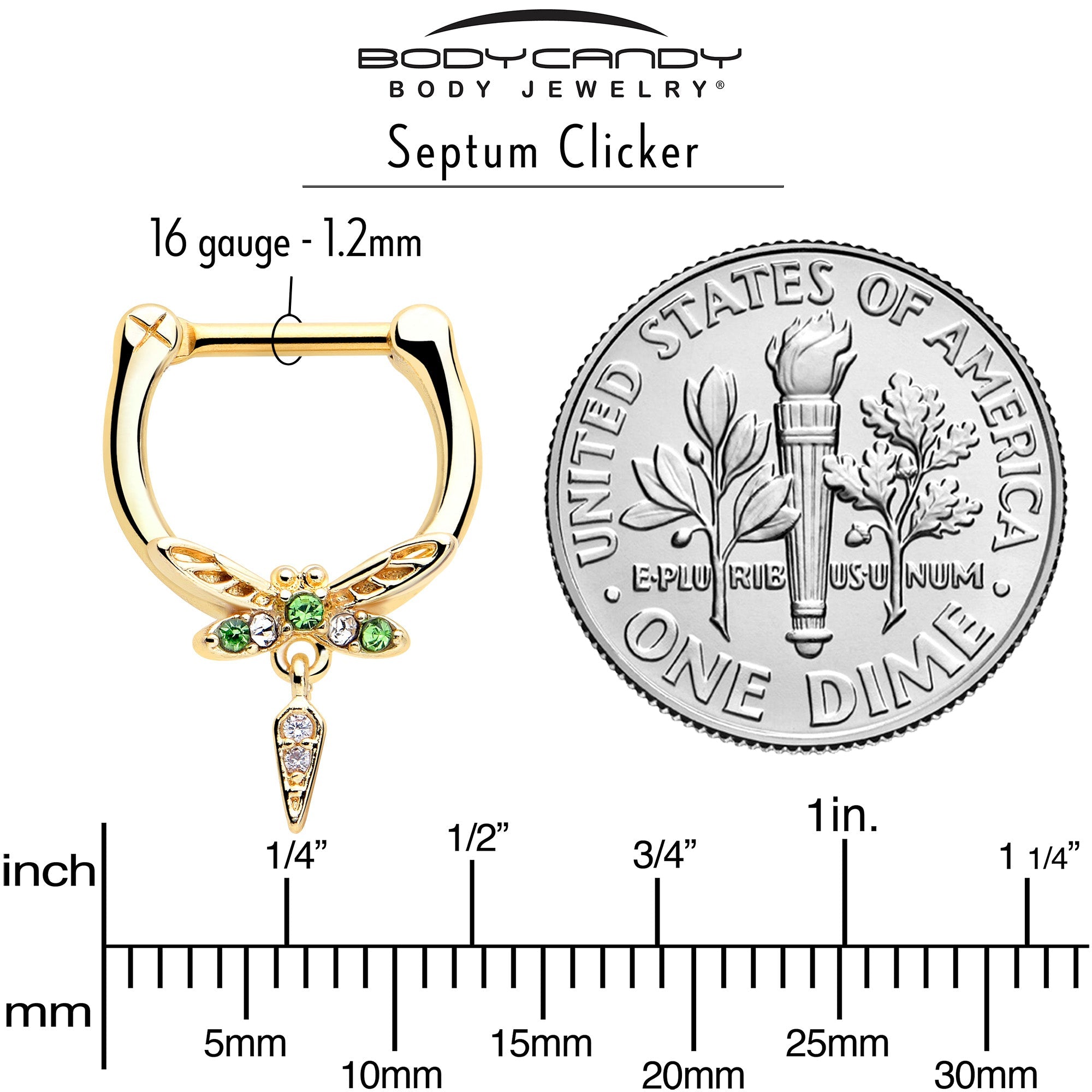 16G 5/16 Green Gem Gold Tone Swank Dragonfly Dangle Cartilage Clicker