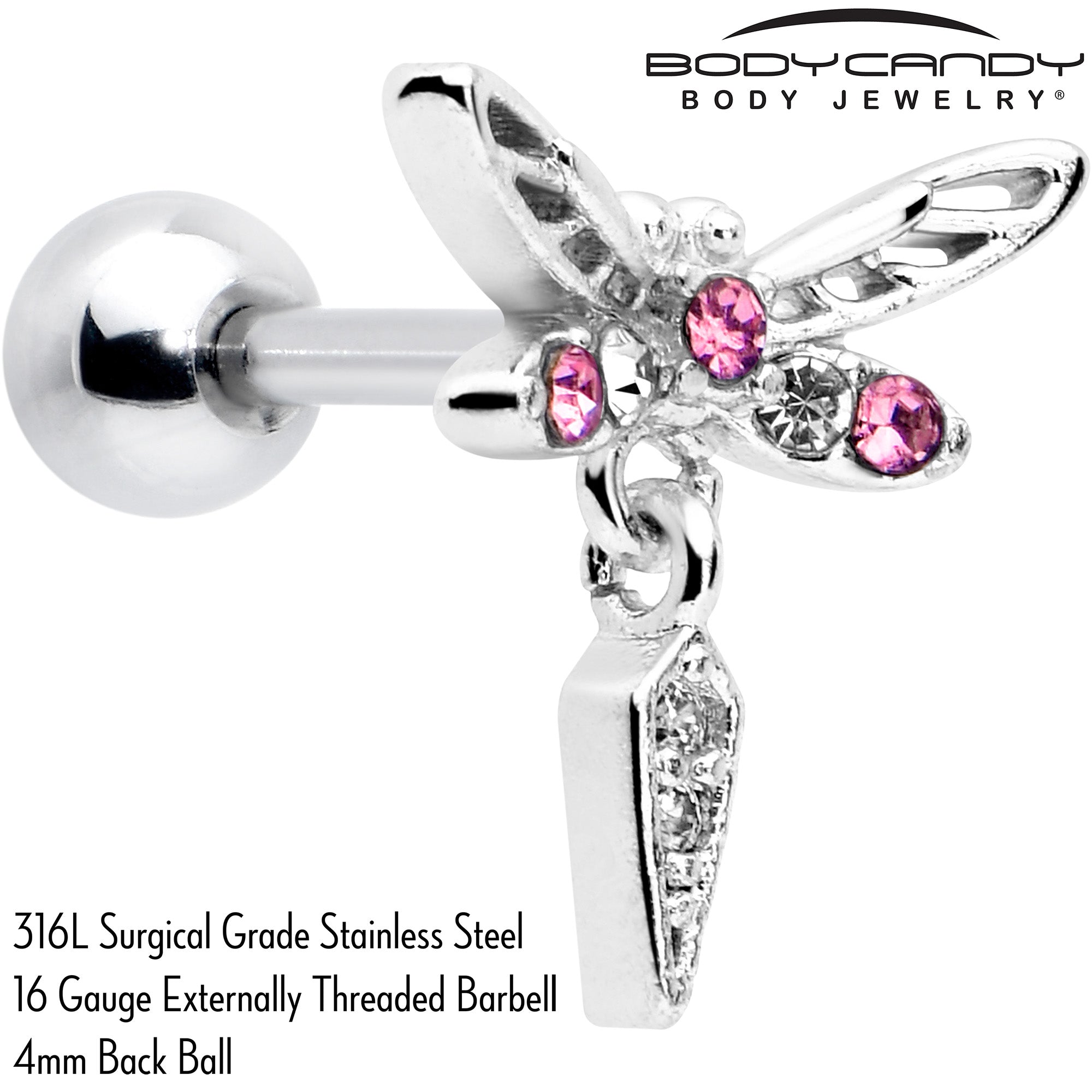 16G 1/4 Pink Gem Swank Dragonfly Dangle Cartilage Earring