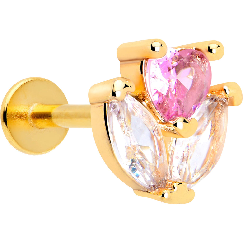 16G 5/16 Pink CZ Gem Gold Tone Love Flower Labret Monroe Tragus