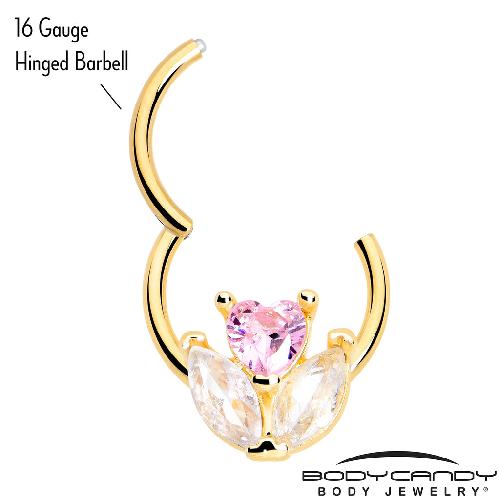 16G 3/8 Pink CZ Gem Gold Tone Love Flower Hinged Segment Ring