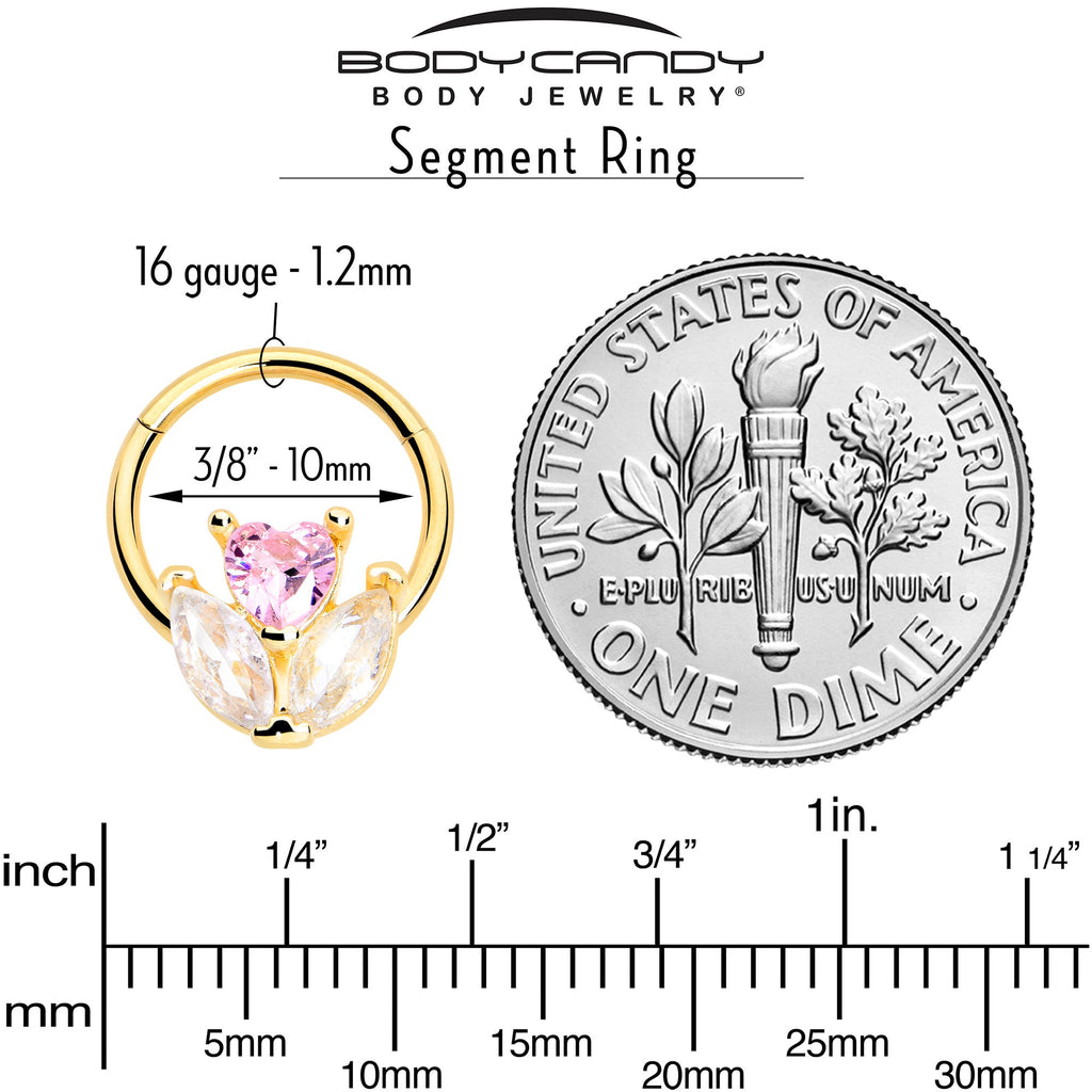 16G 3/8 Pink CZ Gem Gold Tone Love Flower Hinged Segment Ring