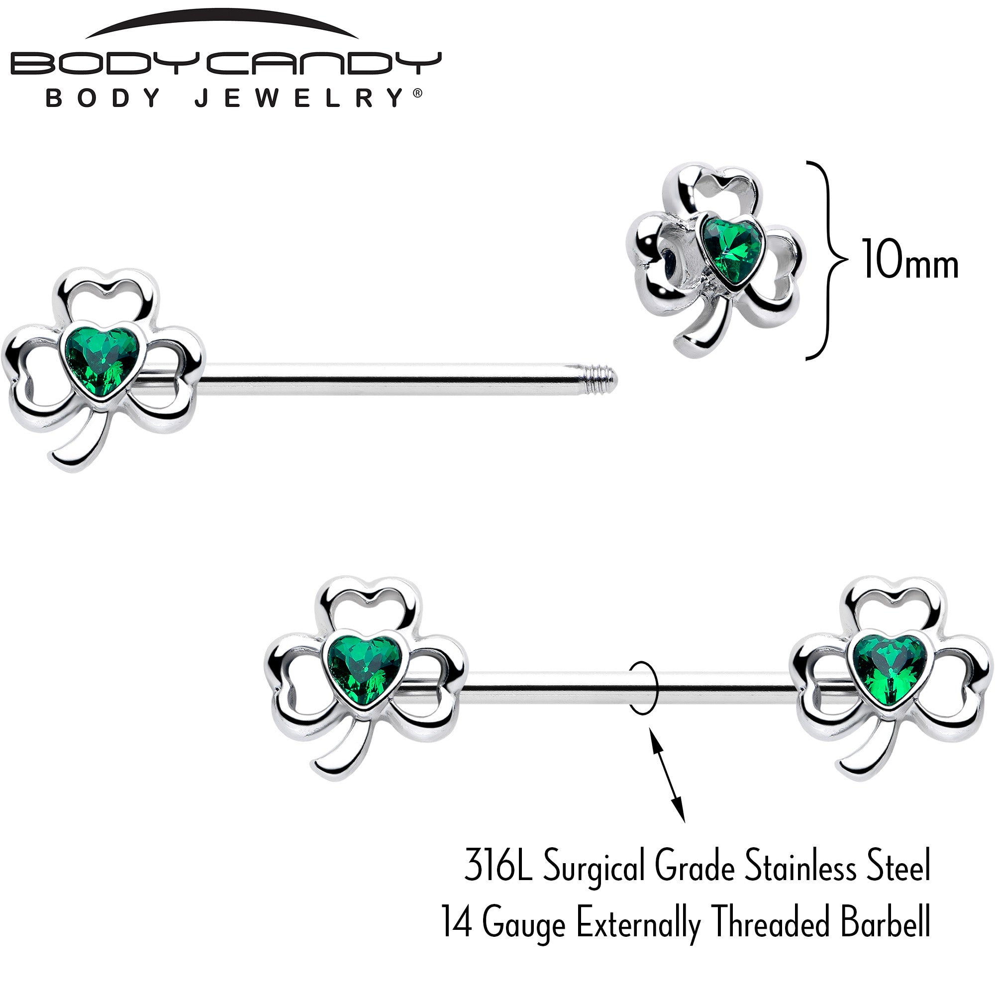 14G 3/4 Green Gem Heart Shamrock St Patricks Nipple Ring Set