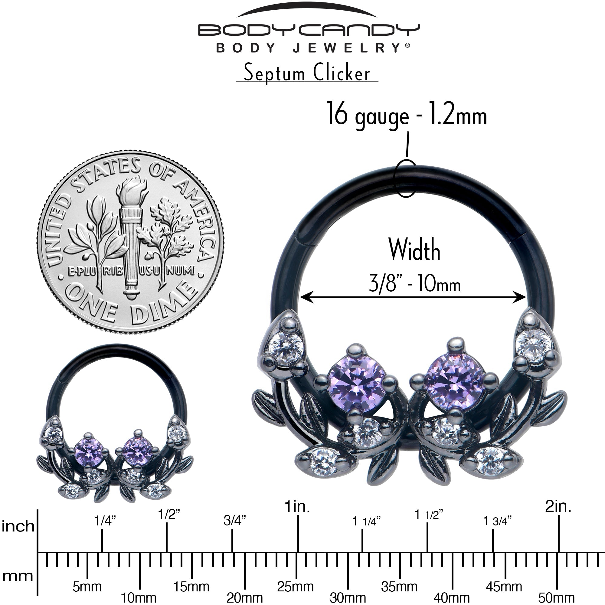 16G 3/8 Purple Gem Black Twining Vine Hinged Segment Ring