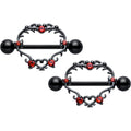 14G 9/16 Red CZ Gem Black Leafy Heart Nipple Shield Set