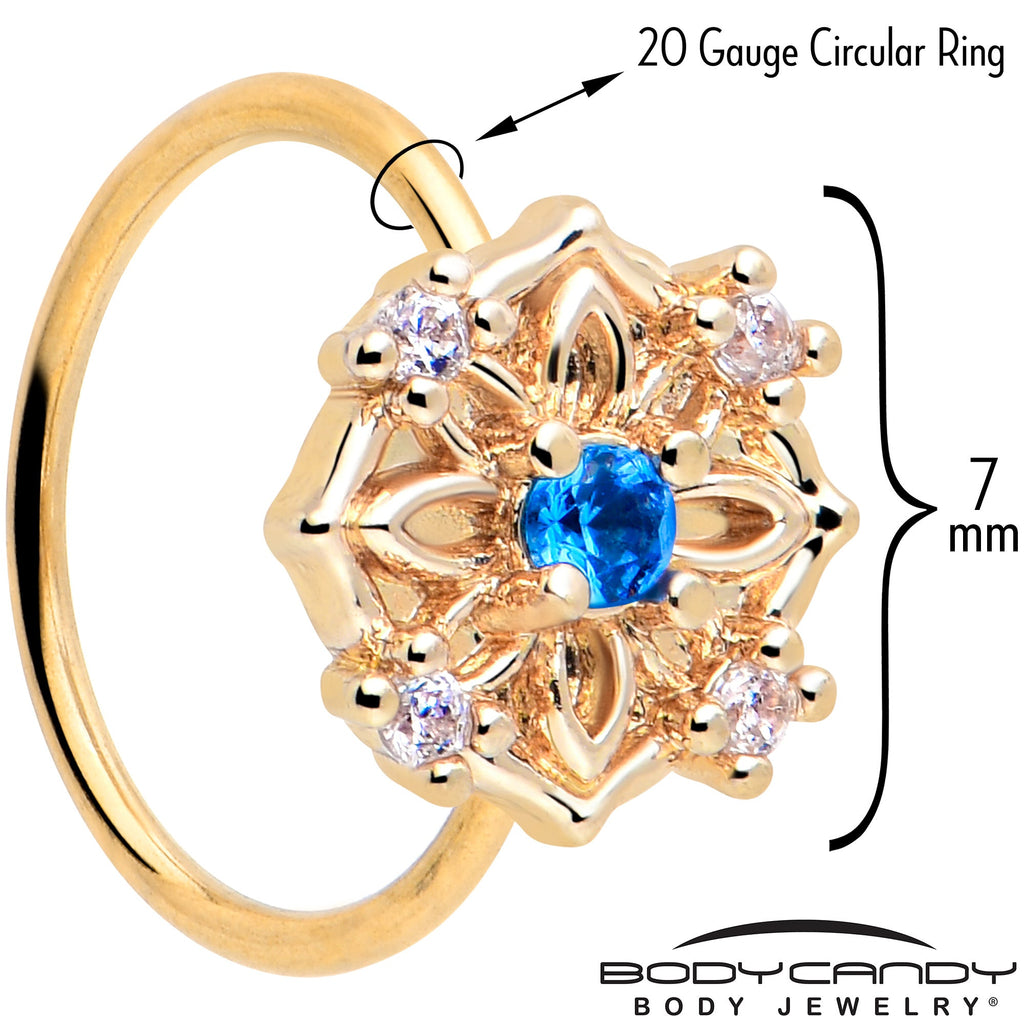 20G 5/16 Blue CZ Gem Gold Tone Flower Ring Nose Hoop