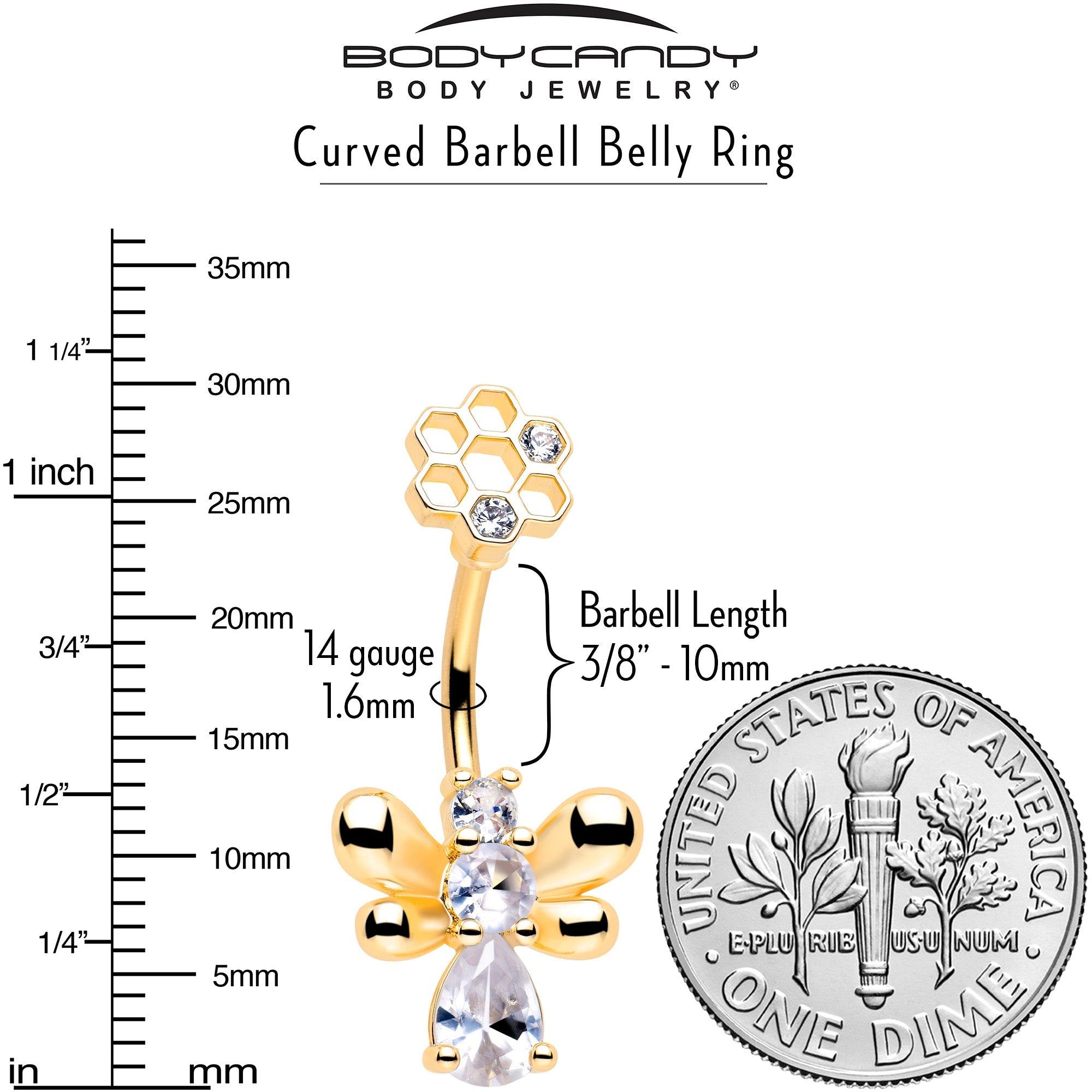 Clear CZ Gem Gold Tone Bee Hive Luv Double Mount Belly Ring
