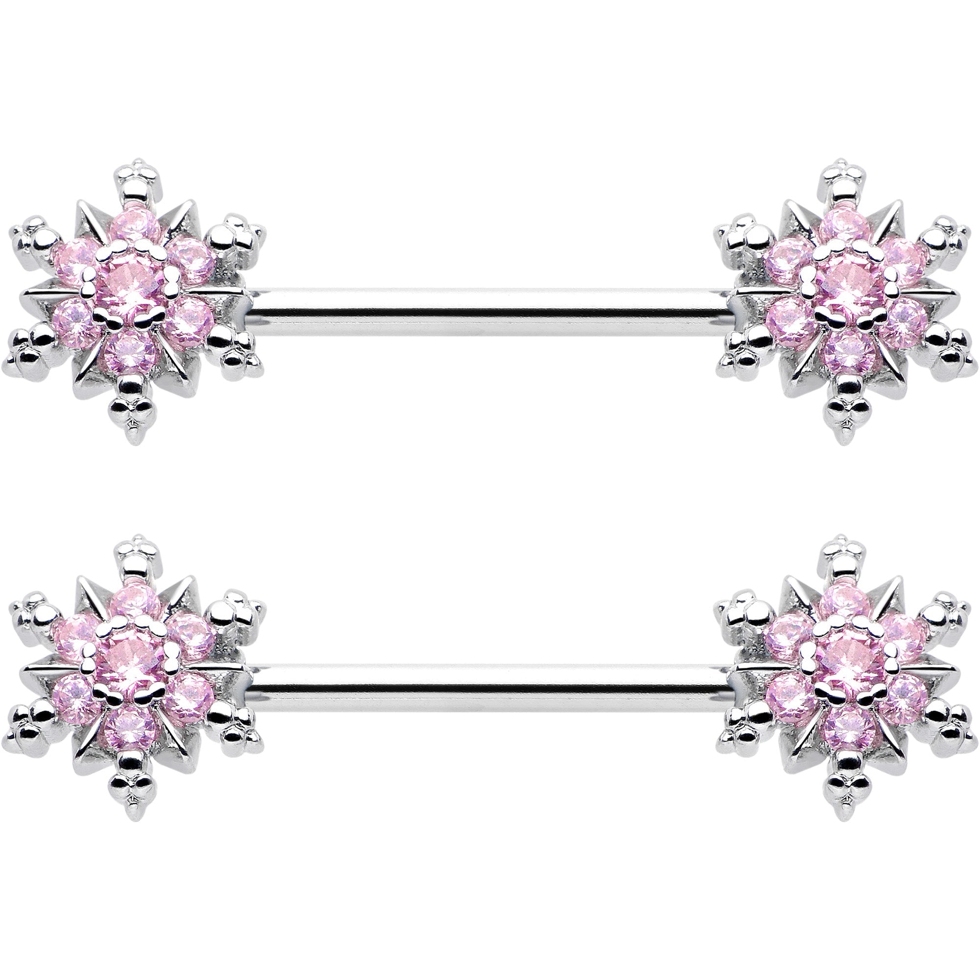 14G 9/16 Pink CZ Gem Snowflake Glam Barbell Nipple Ring Set