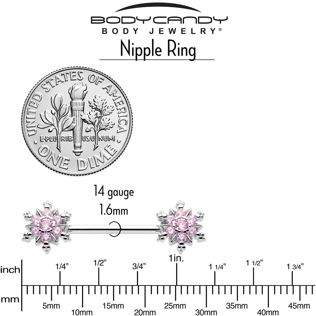 14G 9/16 Pink CZ Gem Snowflake Glam Barbell Nipple Ring Set