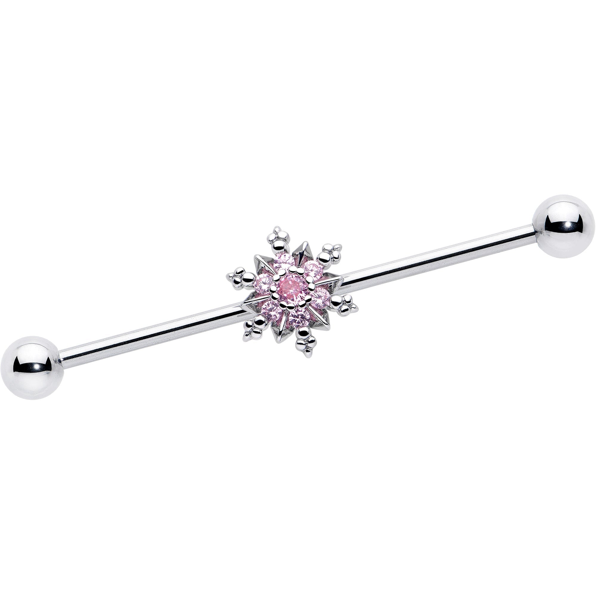 14G Pink CZ Gem Snowflake Glam Industrial Barbell 38mm