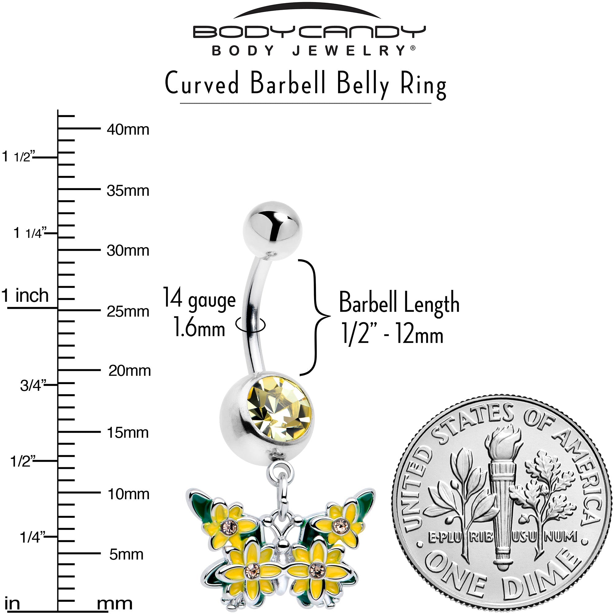 Yellow CZ Gem Blooming Butterfly Dangle Belly Ring