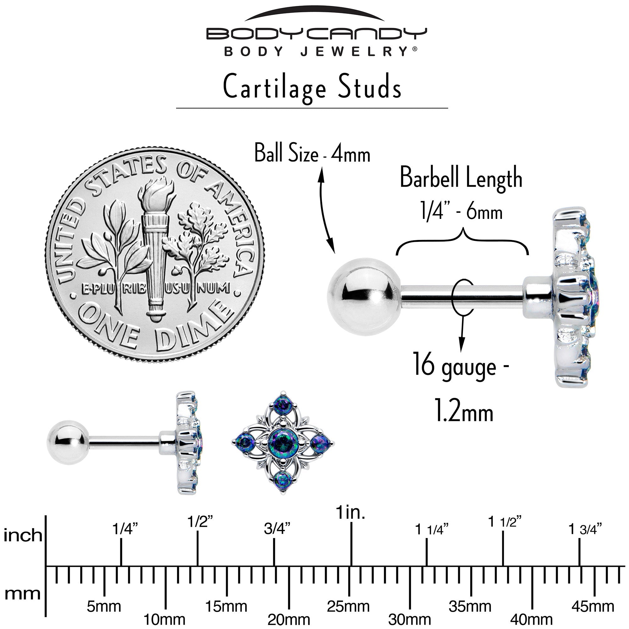 16G 1/4 Vitrail CZ Gem Beauty Cross Cartilage Tragus Earring