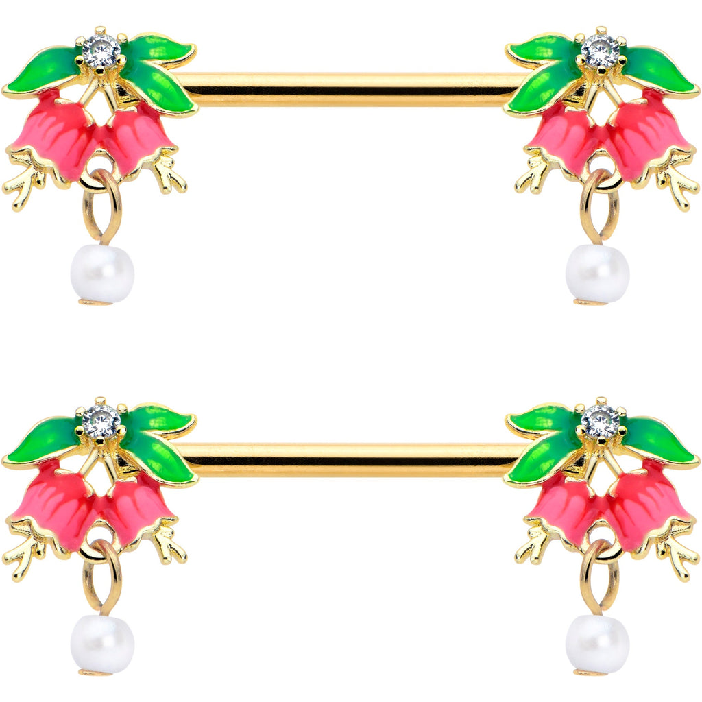14G 9/16 Clear CZ Gem Gold Hue Bell Flower Barbell Nipple Ring Set