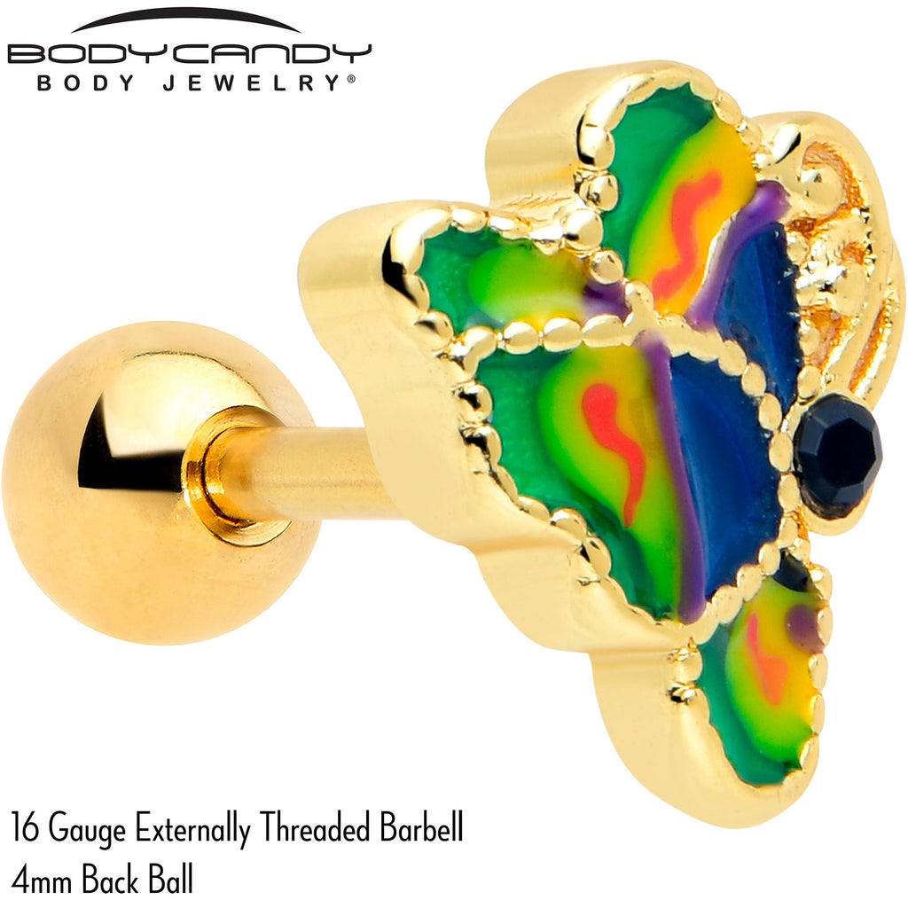 16G 1/4 Blue Gem Gold Tone Butterfly Colors Cartilage Tragus Earring