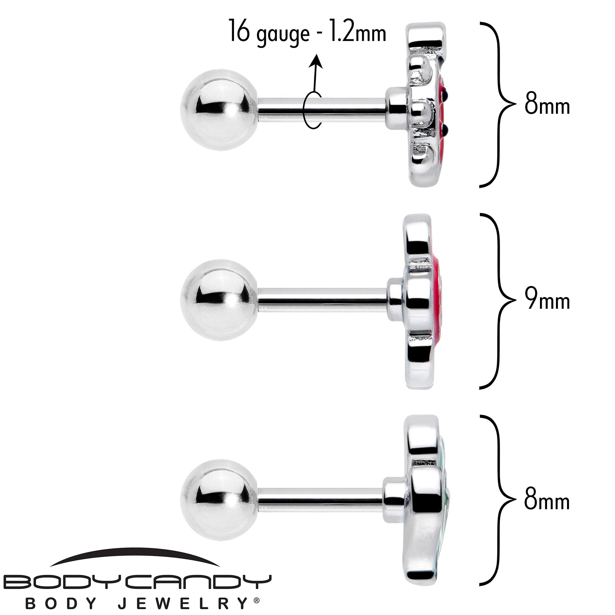 16G 1/4 Ladybug Hippie Flower Cartilage Tragus Earring Set of 3