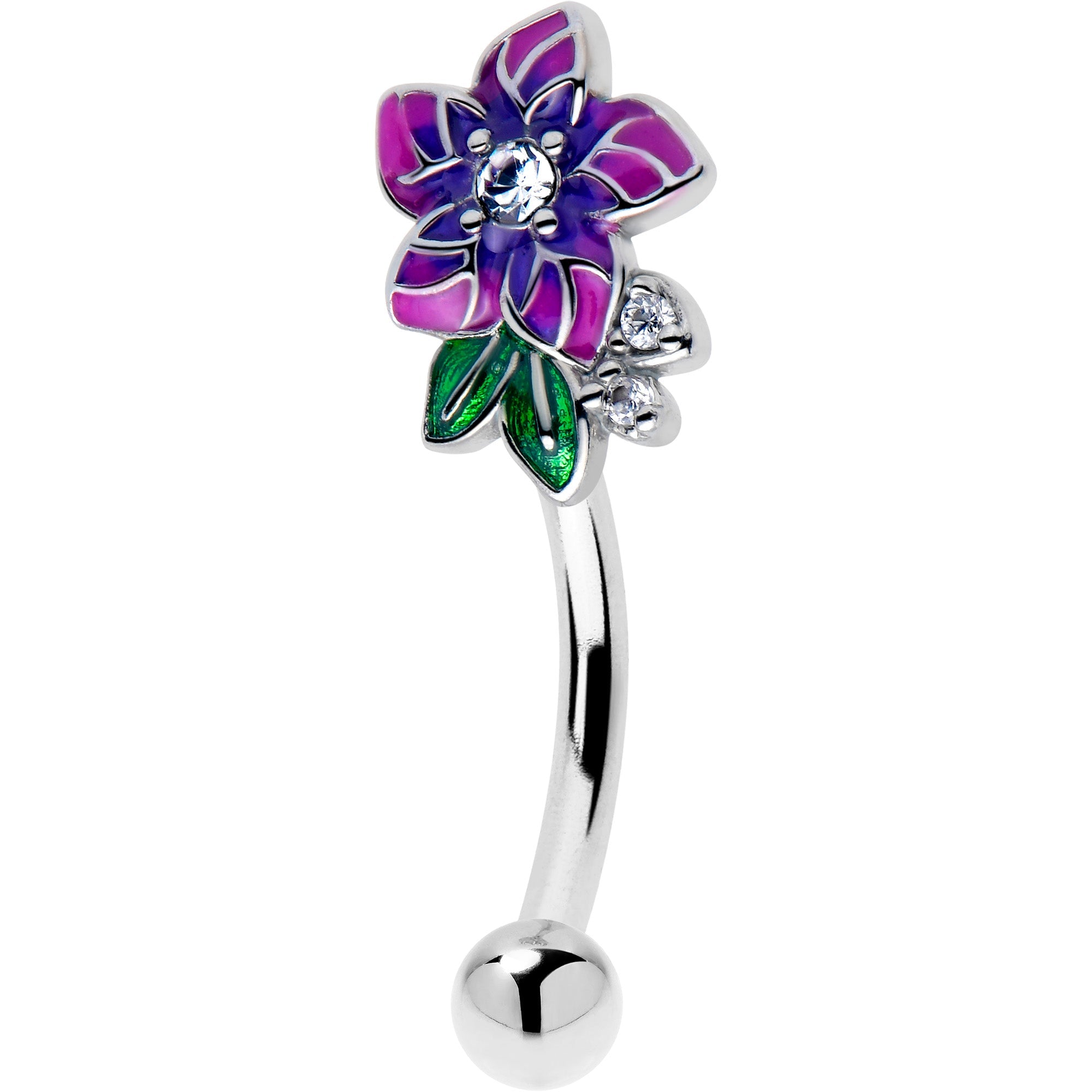16G 5/16 Clear CZ Gem Flower Purple Curved Eyebrow Ring