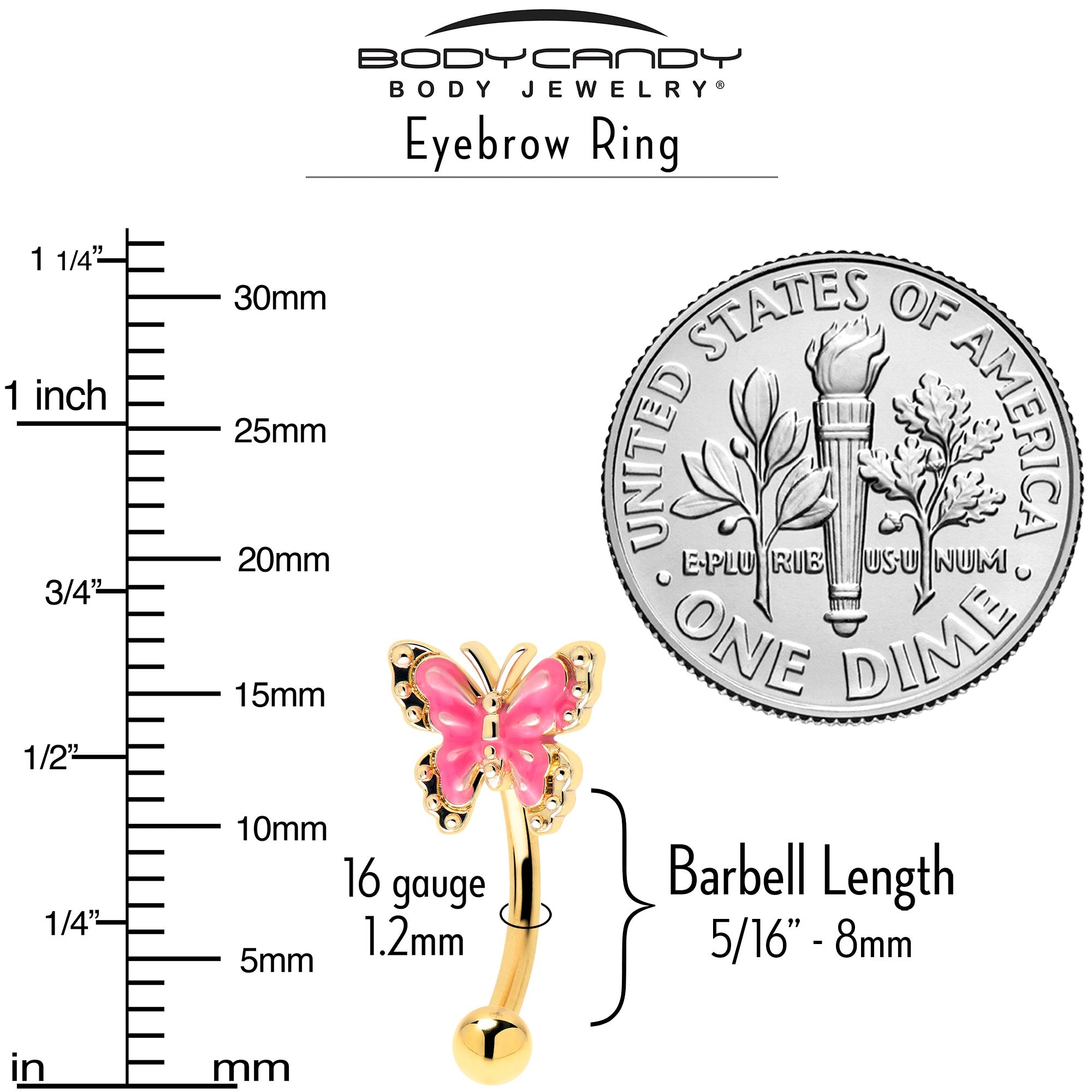16G 5/16 Gold Tone Butterfly Pink Splash Curved Eyebrow Ring
