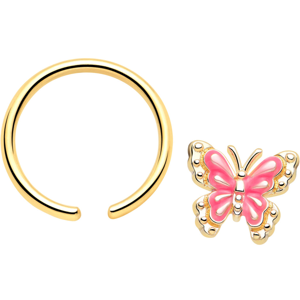16G 3/8 Gold Tone Butterfly Pink Splash BCR Captive Charm Ring