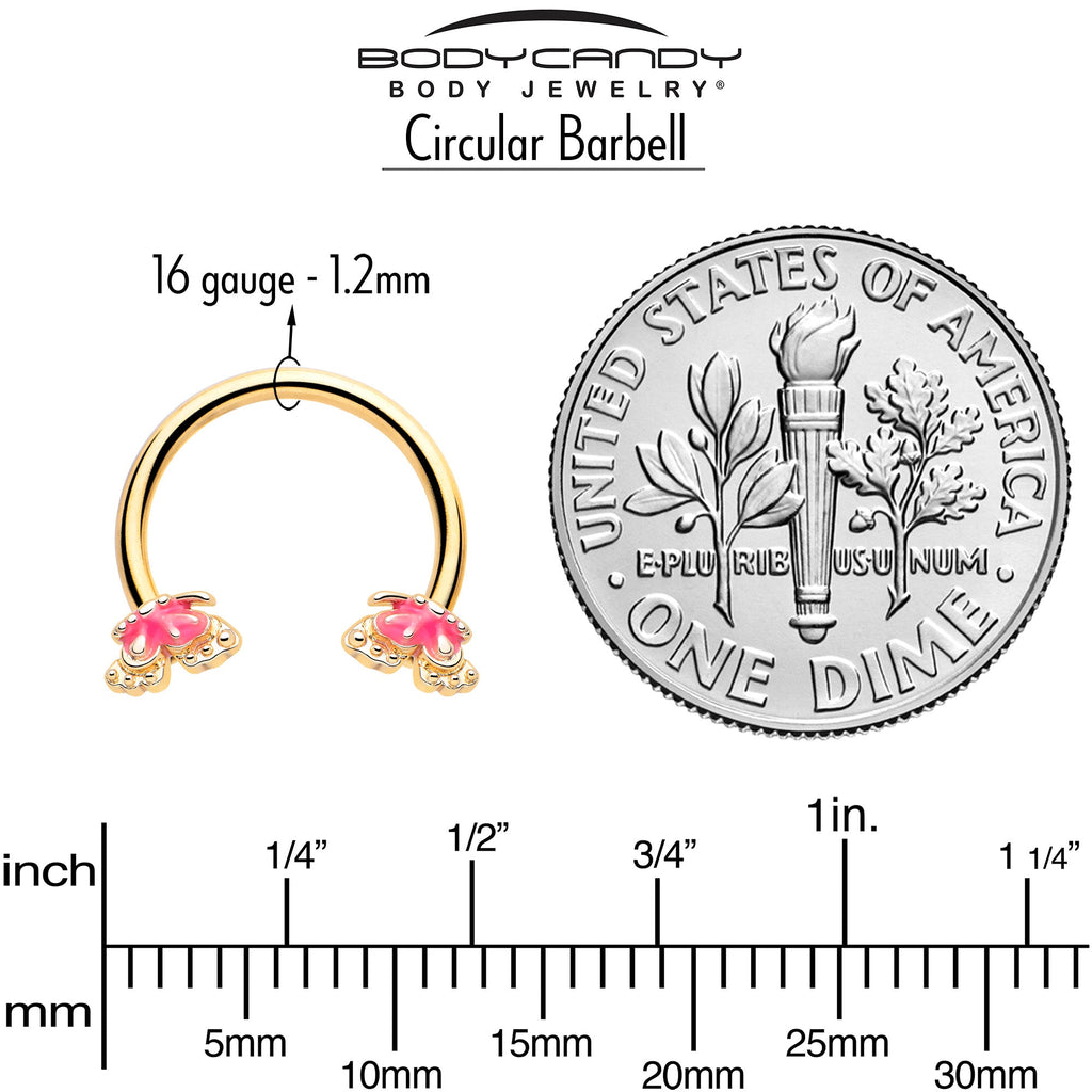 16G 3/8 Gold Tone Butterfly Pink Splash Horseshoe Circular Barbell