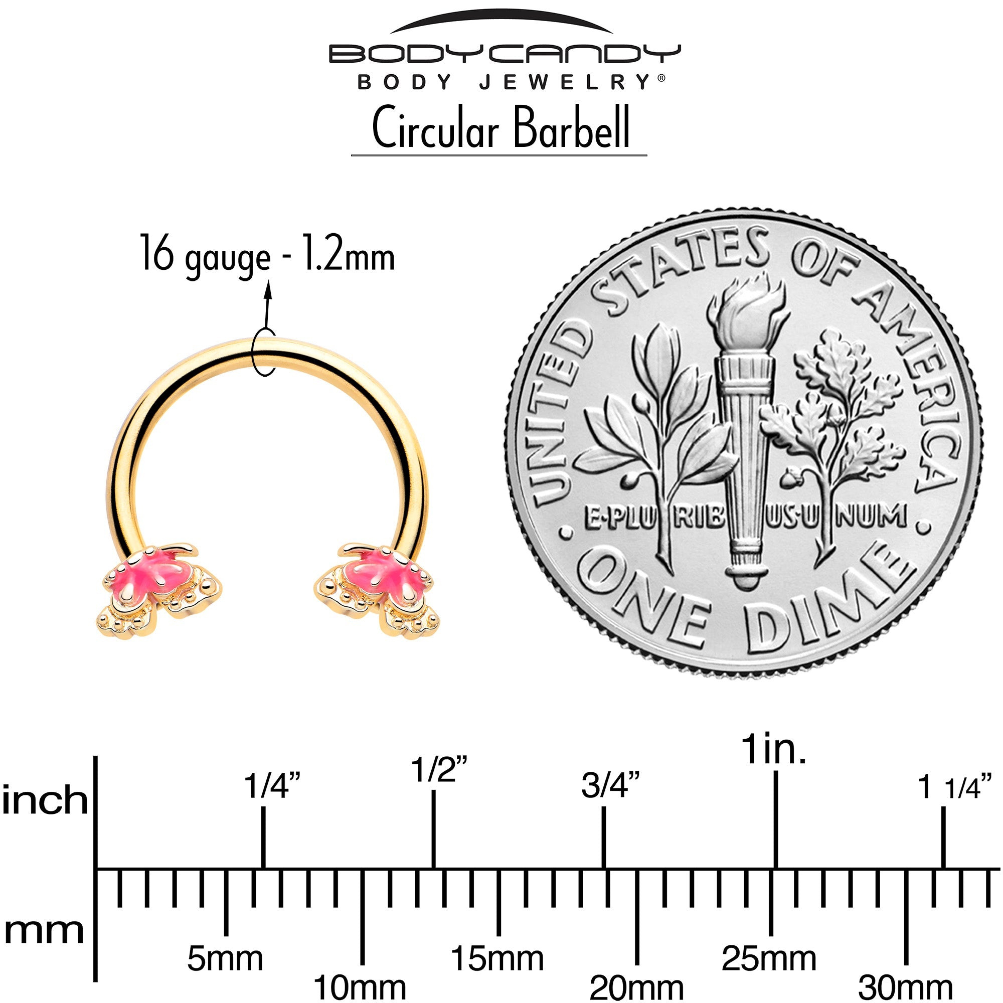 16G 3/8 Gold Tone Butterfly Pink Splash Horseshoe Circular Barbell