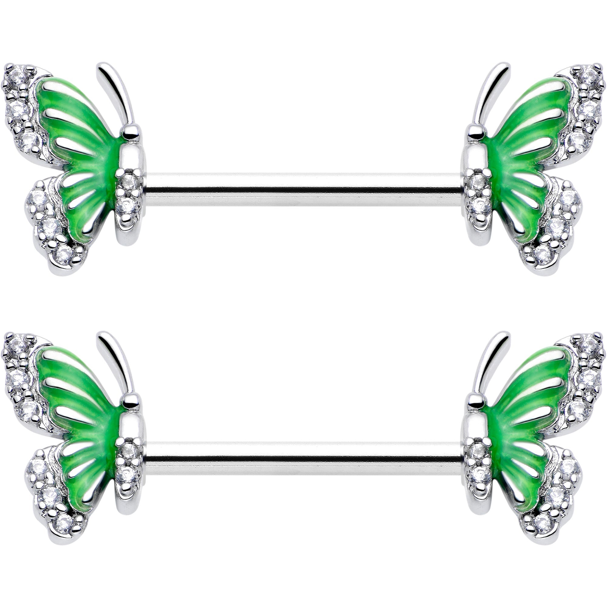 14G 9/16 Clear CZ Gem Butterfly Green Barbell Nipple Ring Set