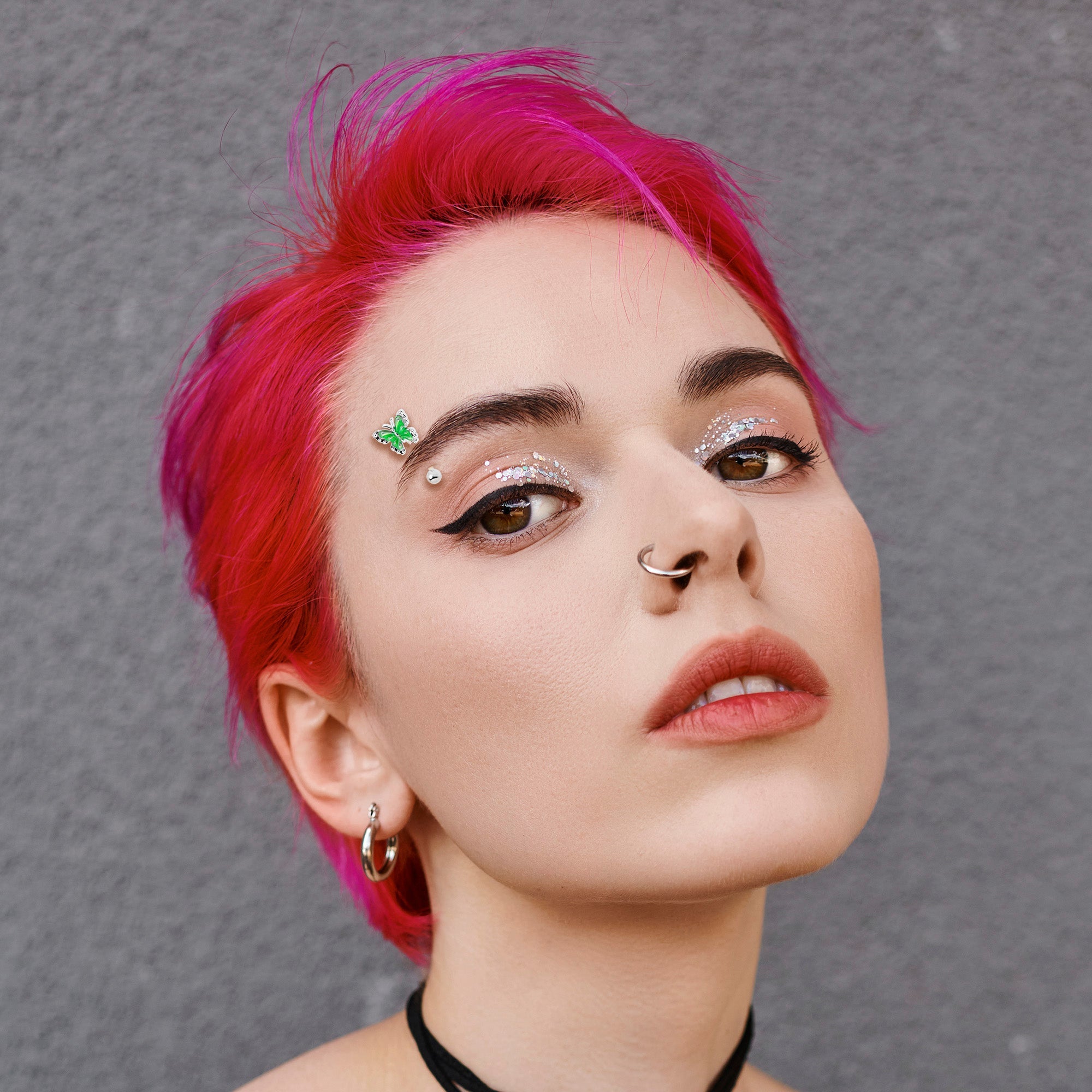 16G 5/16 Butterfly Green Splash Curved Eyebrow Ring