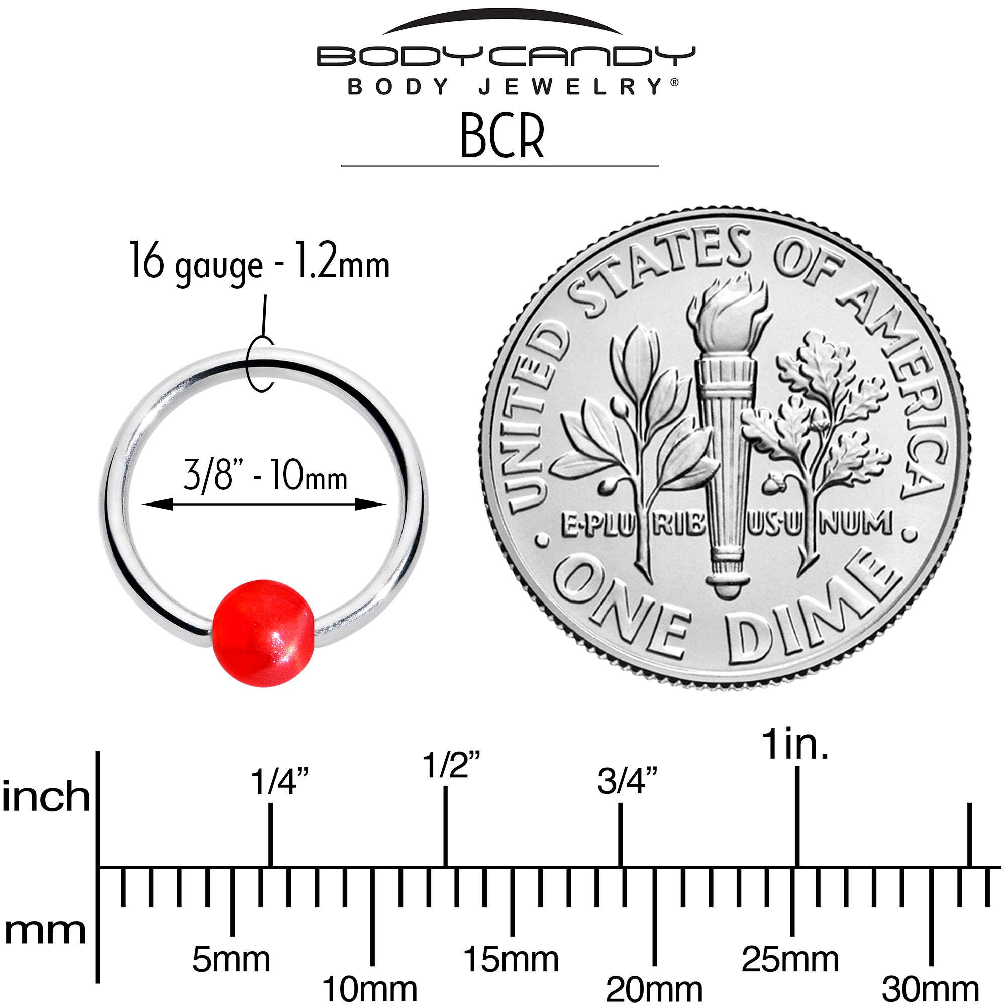 16G 3/8 Simple Opaque Bright Red Ball BCR Captive Bead Ring