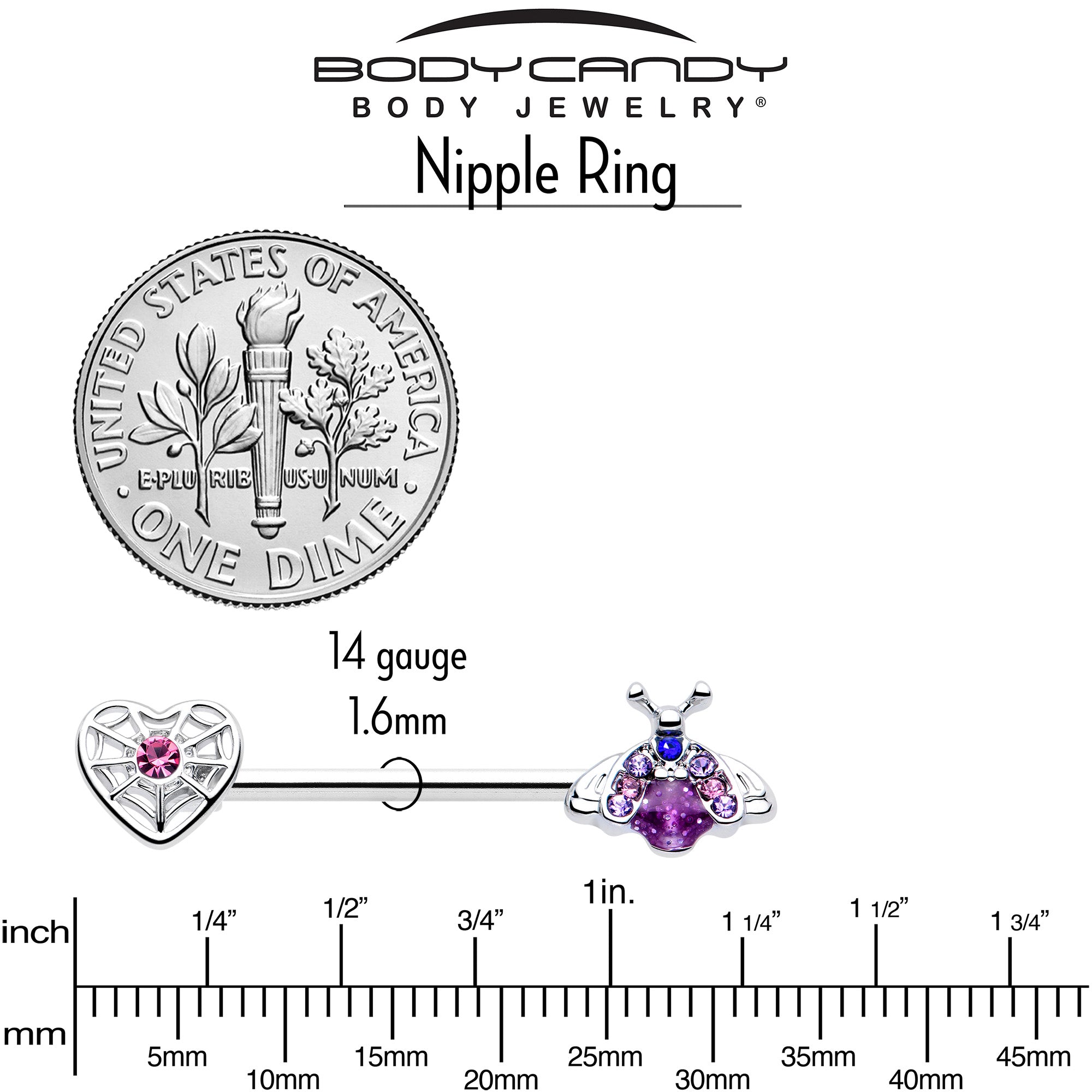 14G 9/16 Pink Blue Gem Spiderweb Heart Insect Barbell Nipple Ring Set