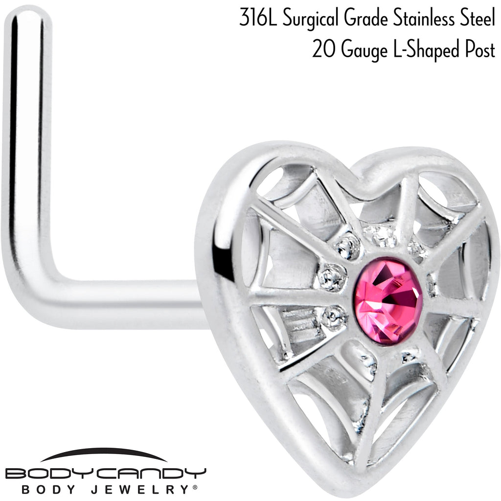 20G 7mm Pink Gem Spiderweb Heart Love L Shape Nose Ring
