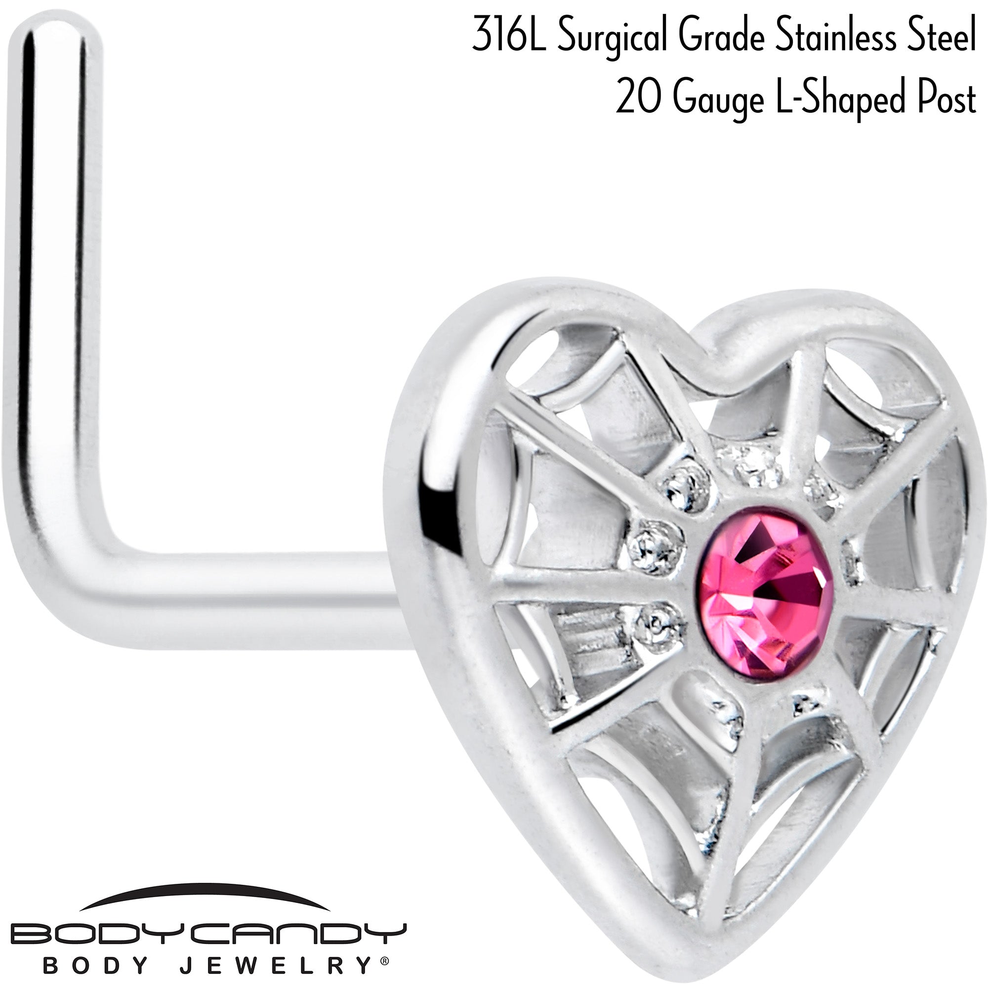 20G 7mm Pink Gem Spiderweb Heart Love L Shape Nose Ring
