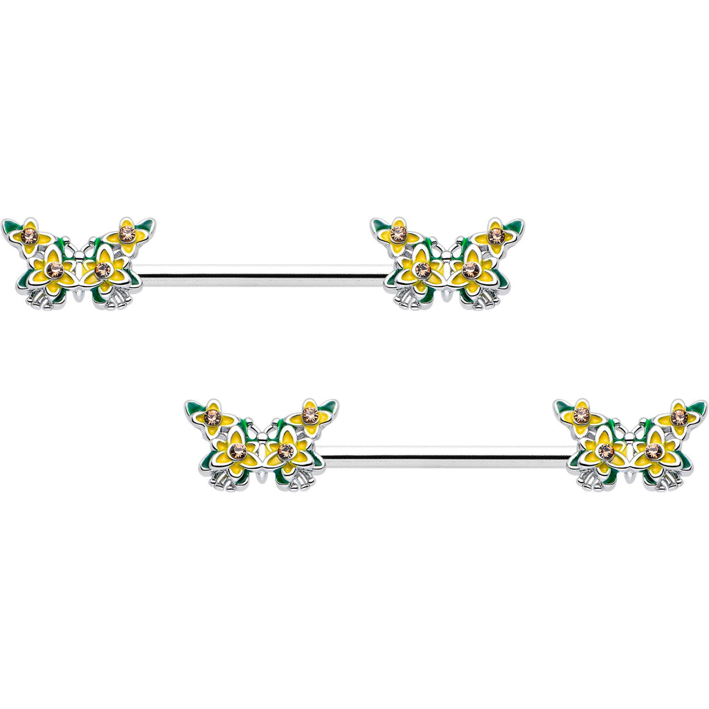 14G 9/16 Yellow CZ Gem Blooming Butterfly Barbell Nipple Ring Set