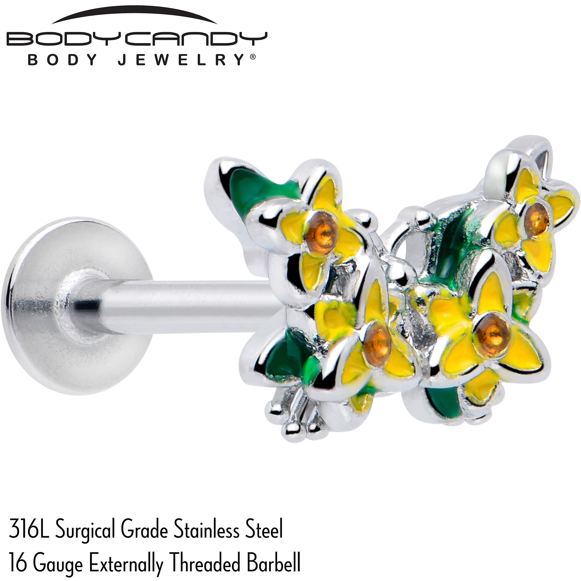 16G 5/16 Yellow CZ Gem Blooming Butterfly Labret Monroe Tragus
