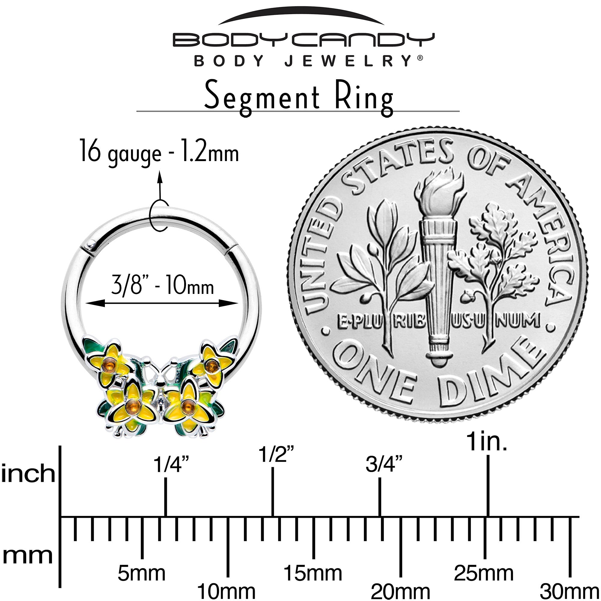 16G 3/8 Yellow CZ Gem Blooming Butterfly Hinged Segment Ring