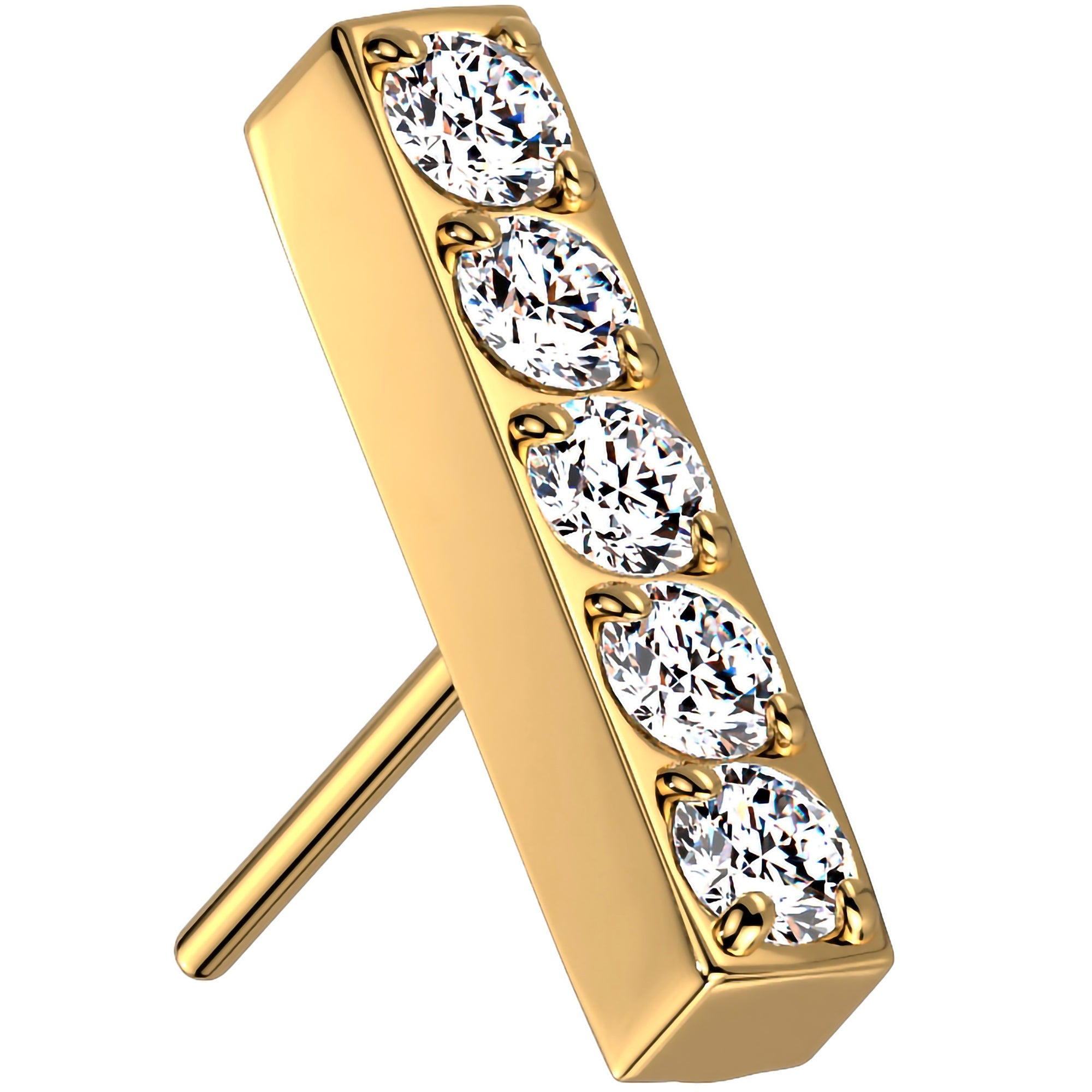 Clear CZ Gem Gold Tone ASTM F-136 Beauty Bar Flat Back Earring Push In Top