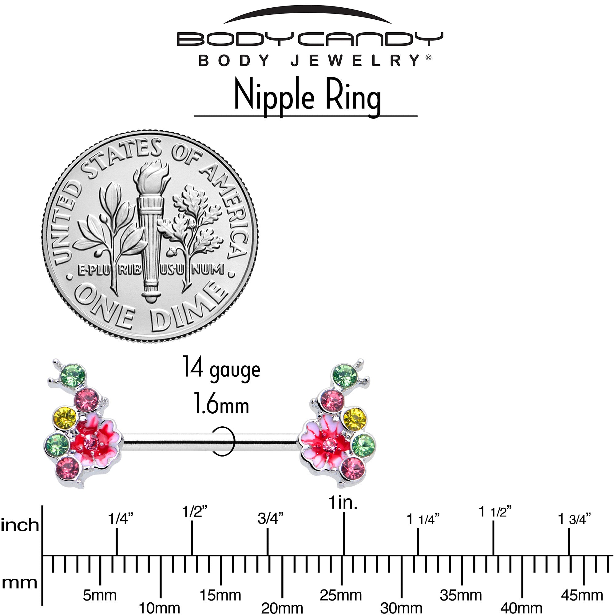 14G 9/16 Green Pink Gem Caterpillar Flower Barbell Nipple Ring Set