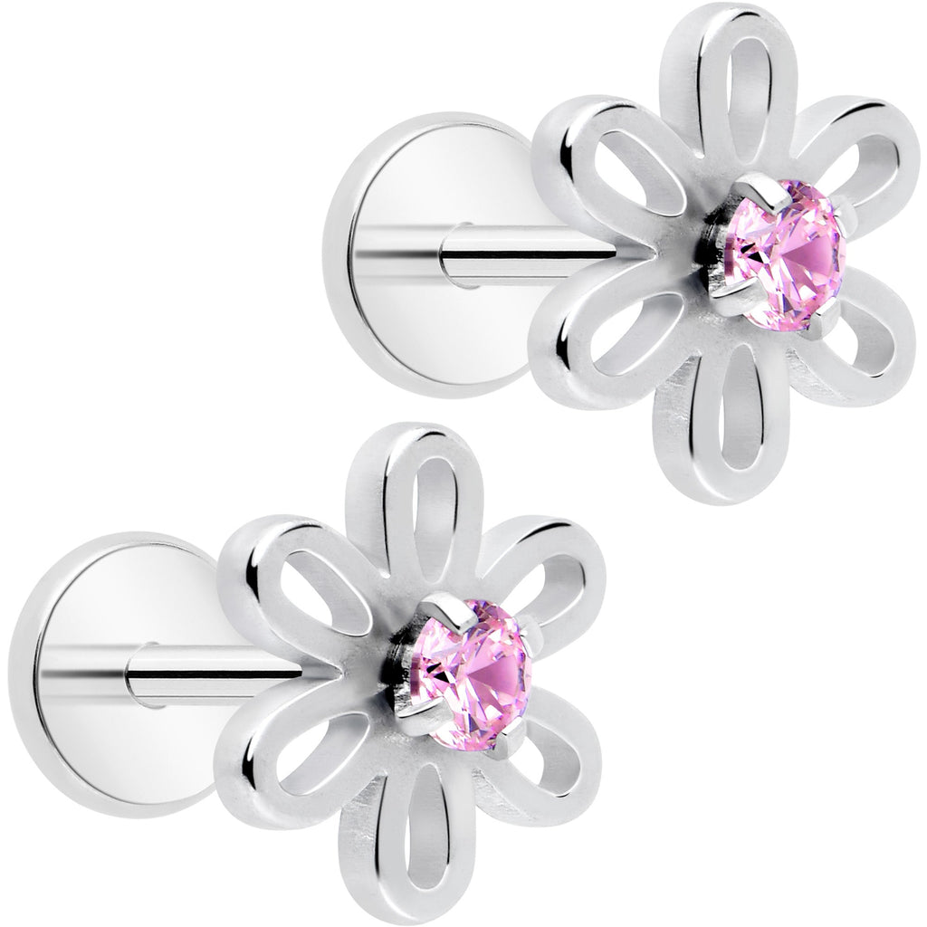 Pink CZ Gem Loopy Daisy Flat Back Stud Earrings - 1 Pair