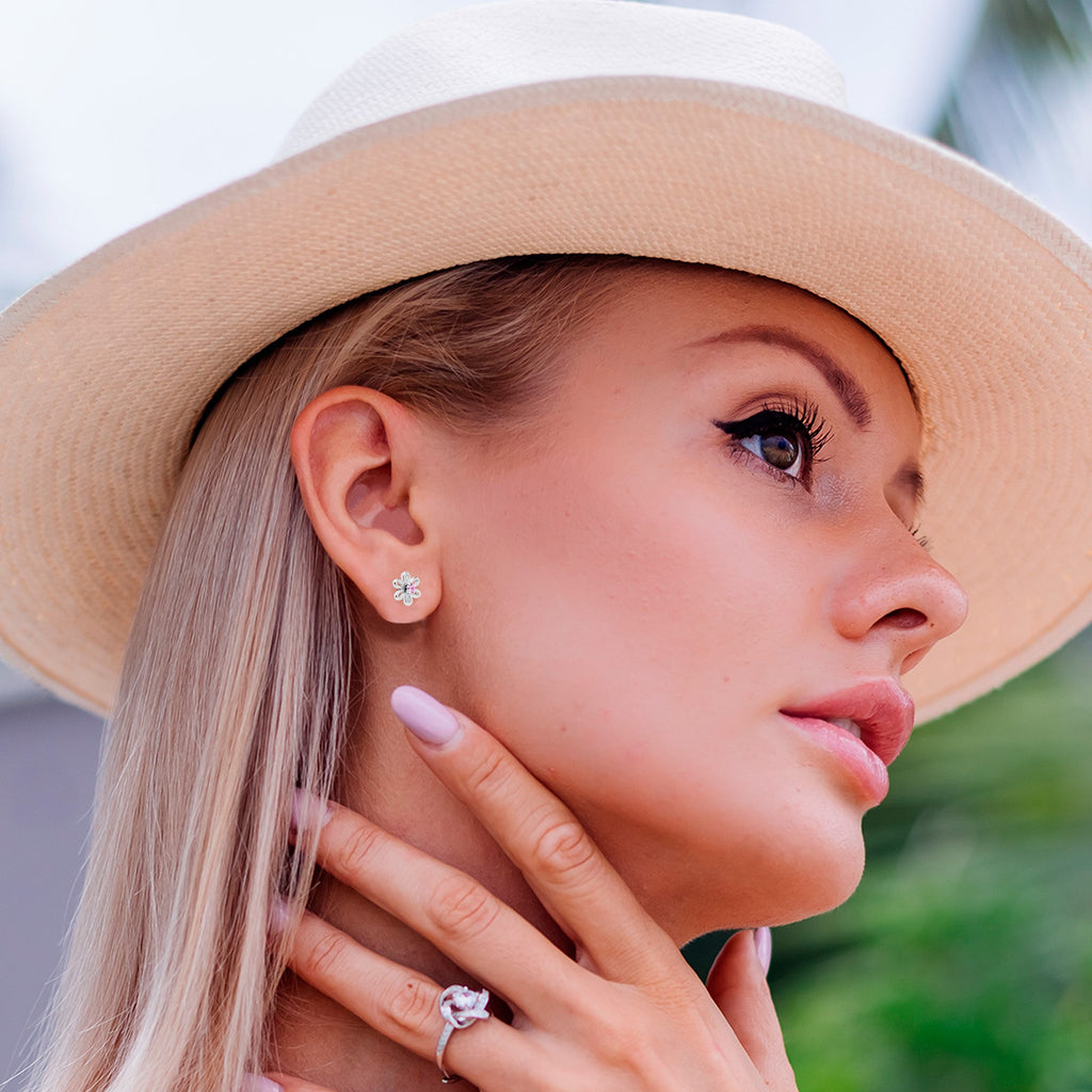 Pink CZ Gem Loopy Daisy Flat Back Stud Earrings - 1 Pair