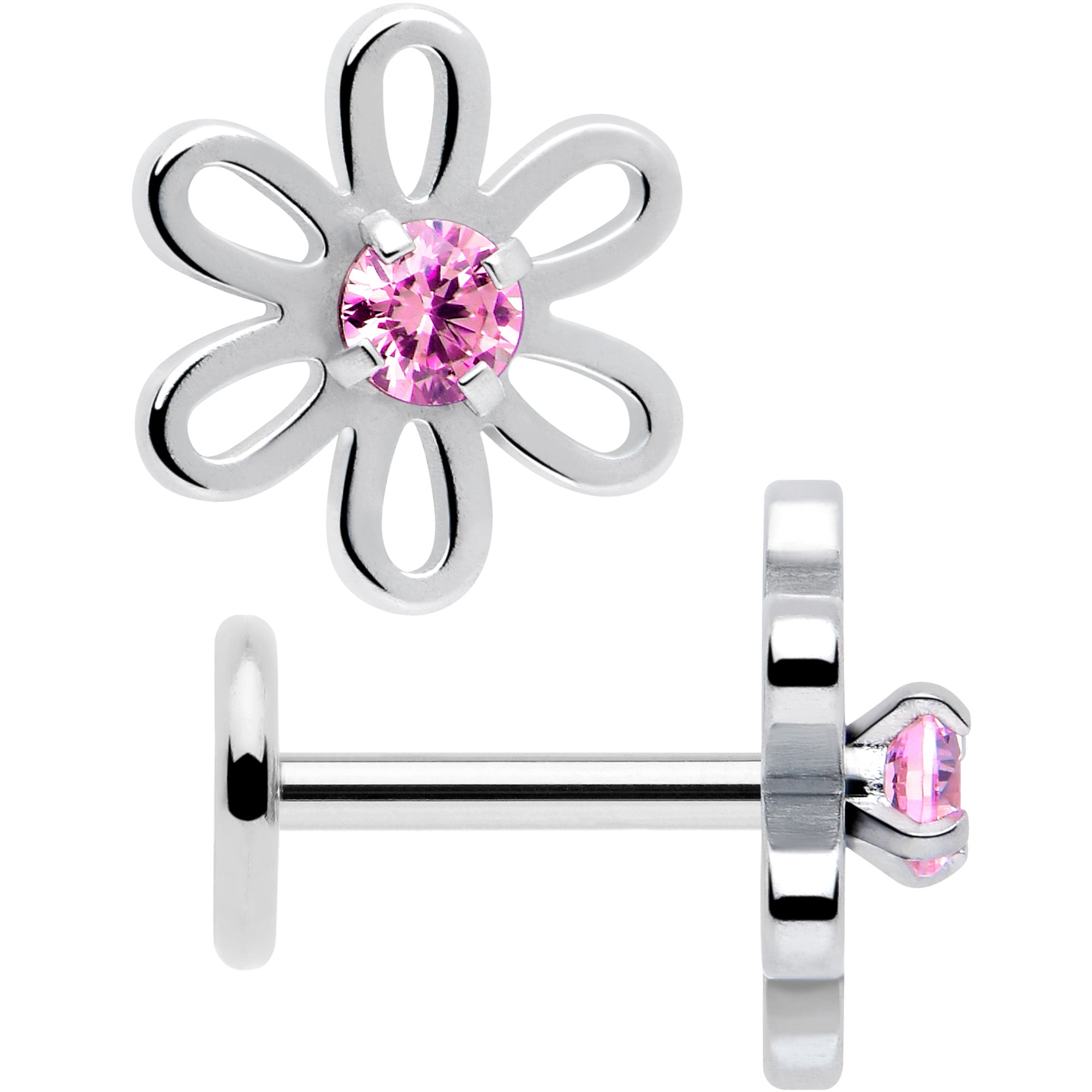Pink CZ Gem Loopy Daisy Flat Back Stud Earrings - 1 Pair