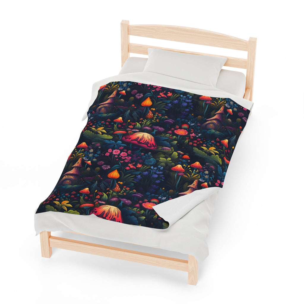 Fairy Tale Magical Forest With Colorful Mushrooms Velveteen Plush Blanket
