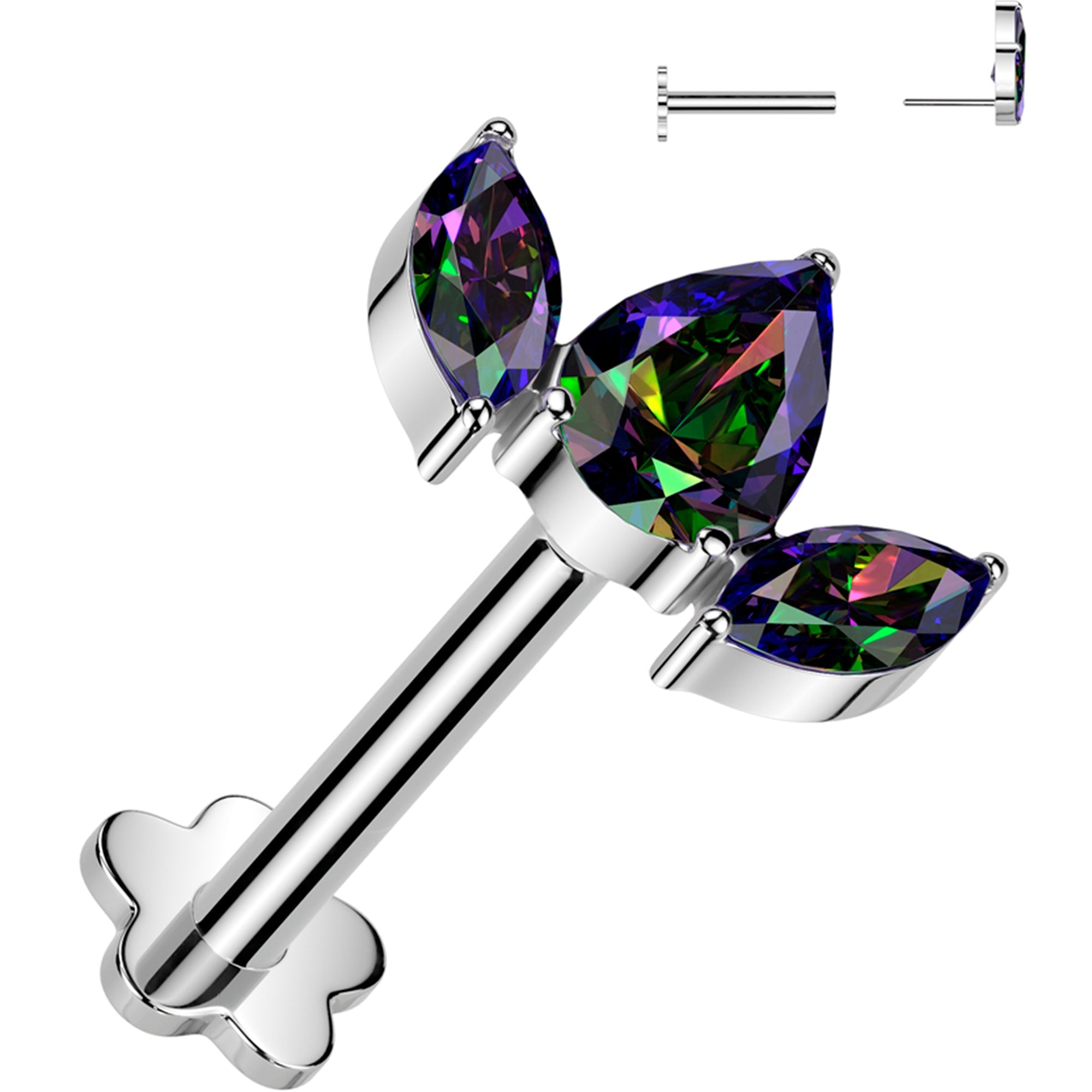 18G 5/16 Vitrail CZ Gem Oval Trio Medical Grade Titanium Reversible Flat Back Earring