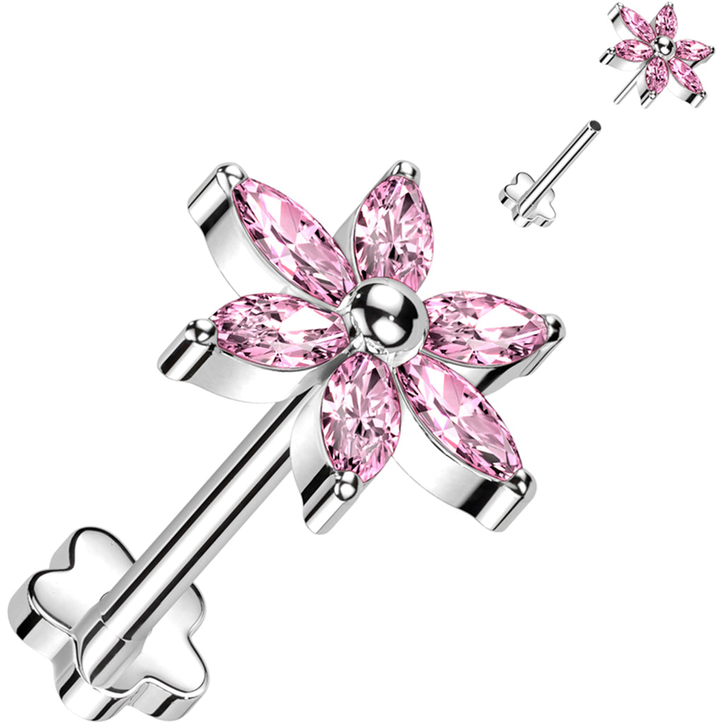 18G 5/16 Pink CZ Gem Style Flower Medical Grade Titanium Reversible Flat Back Earring