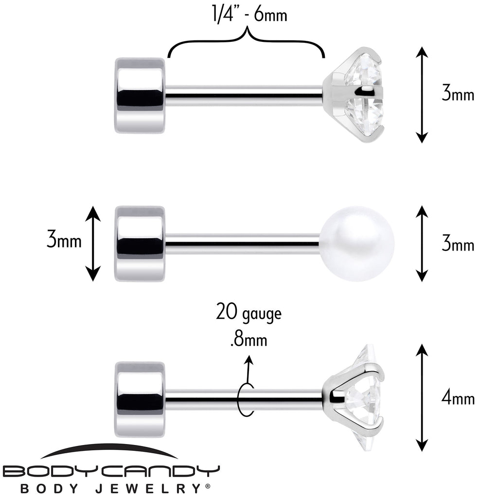 20G Clear Gem White Orb Flatback Earring Set of 6