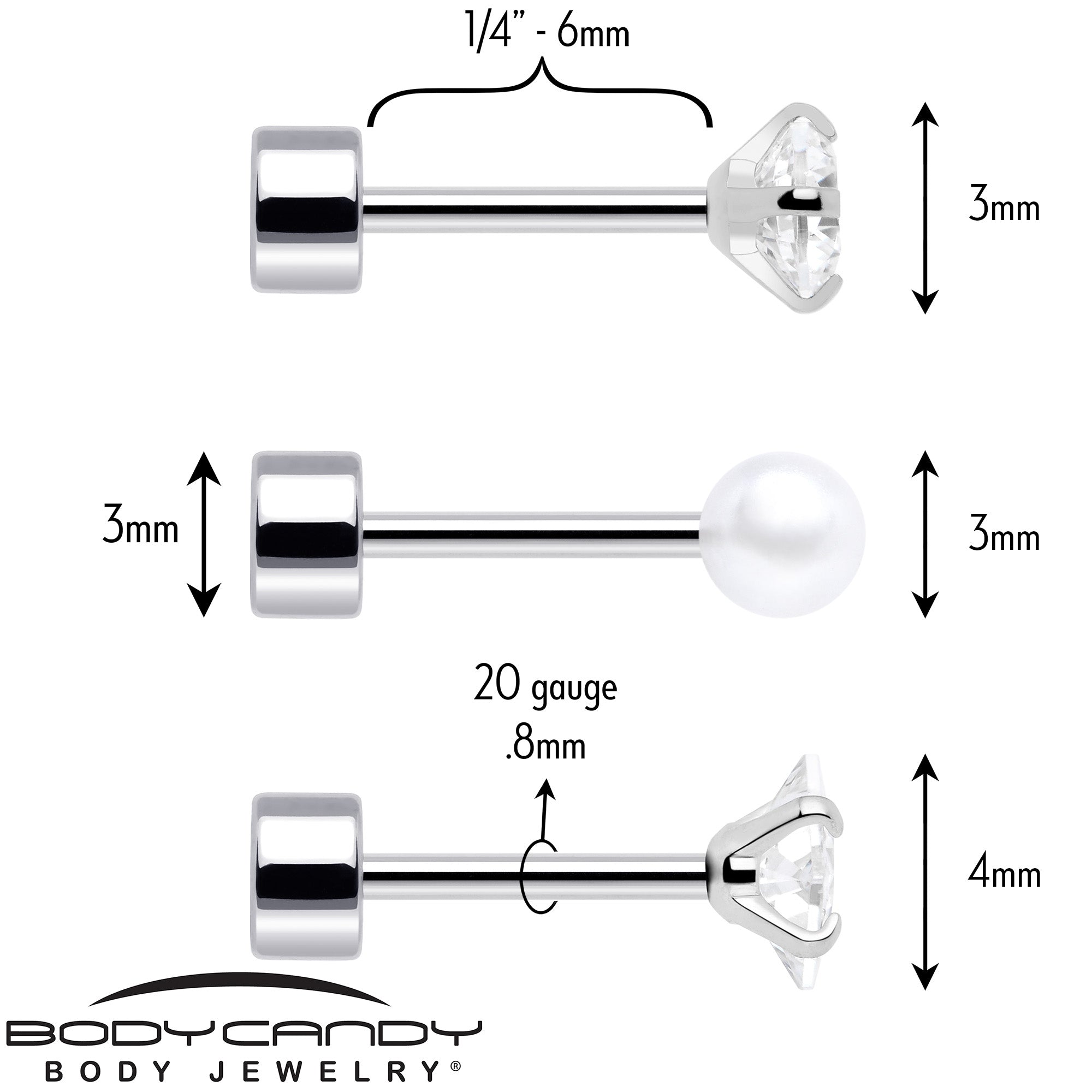 20G Clear Gem White Orb Flatback Earring Set of 6