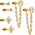 20G Clear Gem Gold Tone Ball Chain Dangle Flatback Earring Set of 6