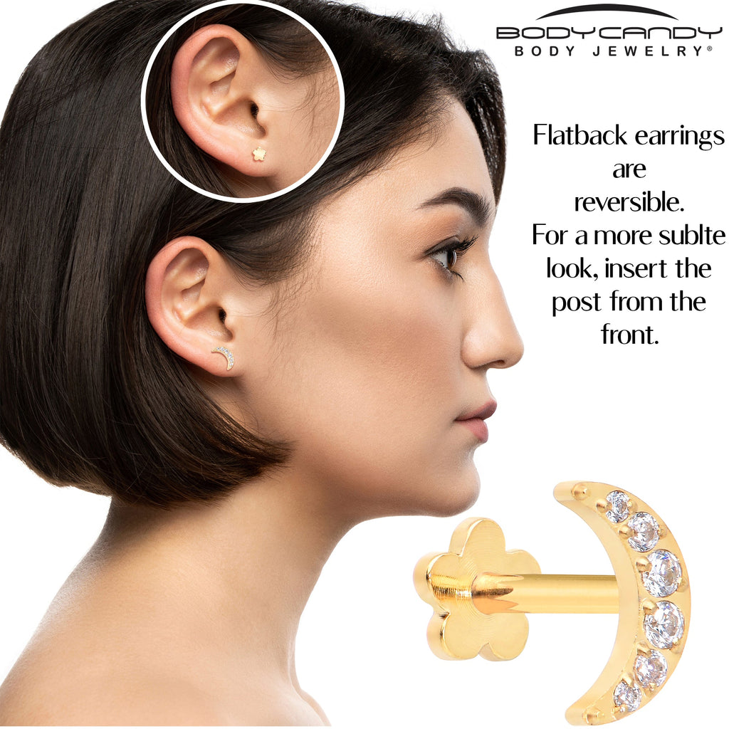 Titanium Flat Back Earring Gem Crescent Moon - 18G Threadless Reversible