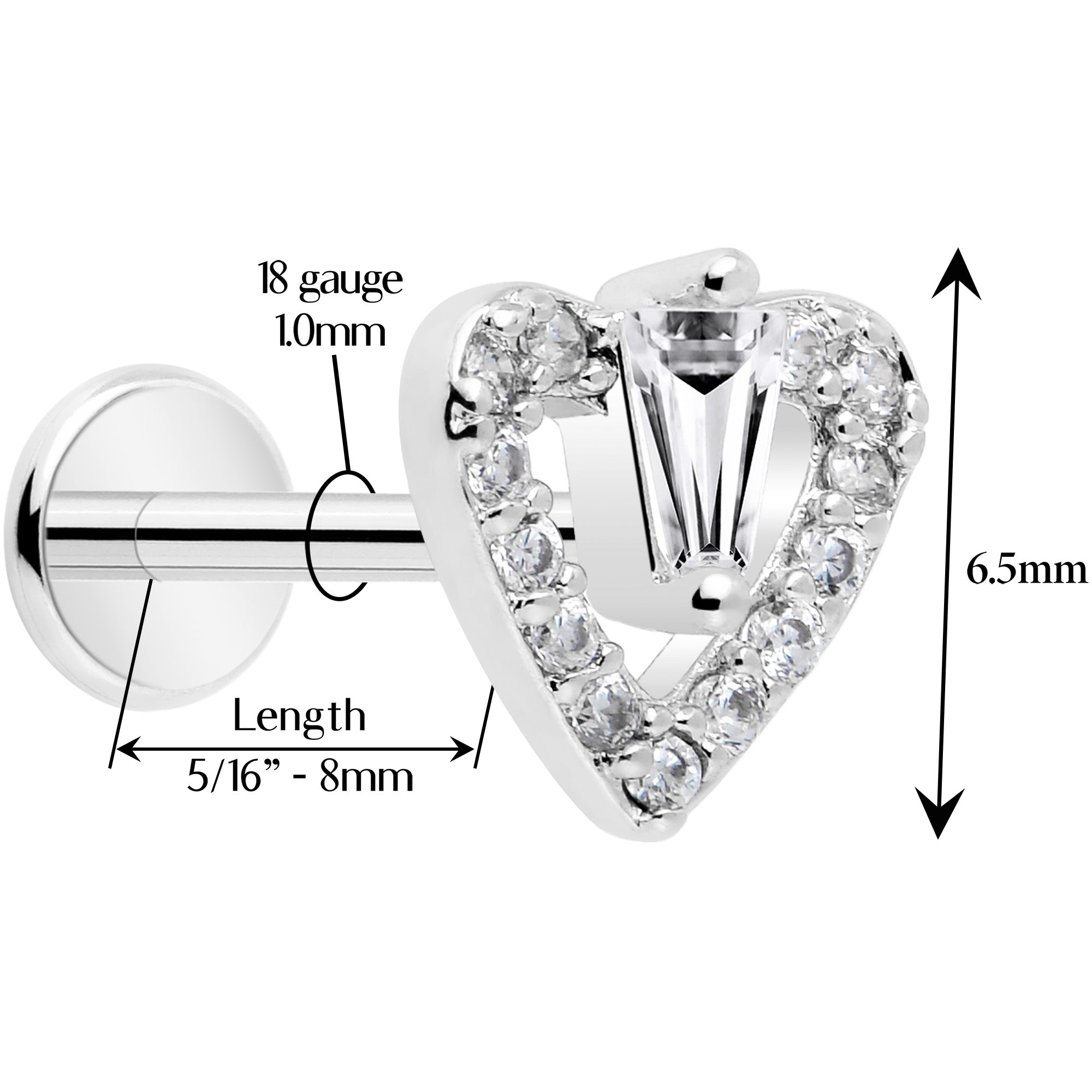 18G 5/16 CZ Gem Heart Threadless Push In Labret Monroe Tragus