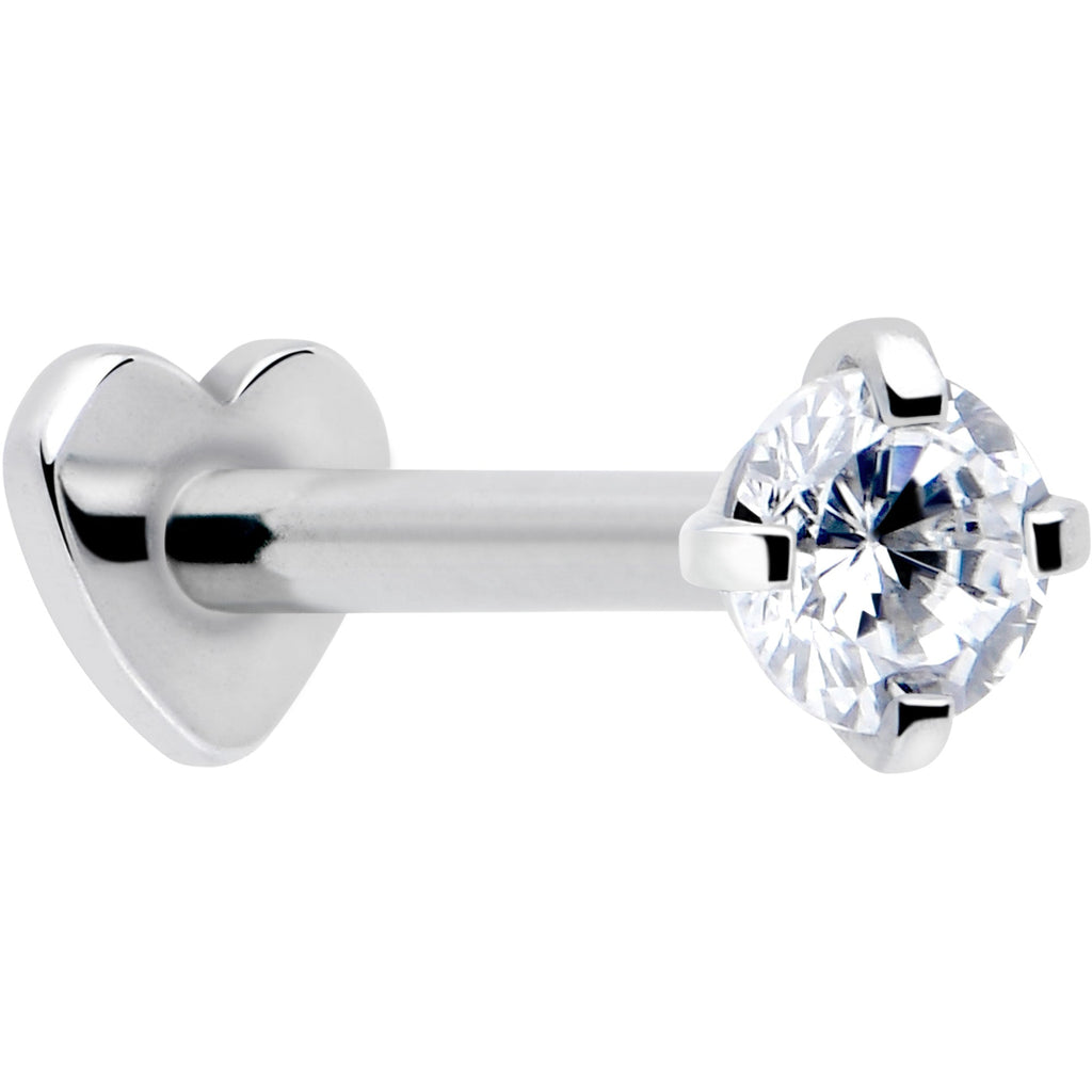 16G 5/16 Clear CZ Implant Grade Titanium Threadless Reversible Heart Flatback Stud