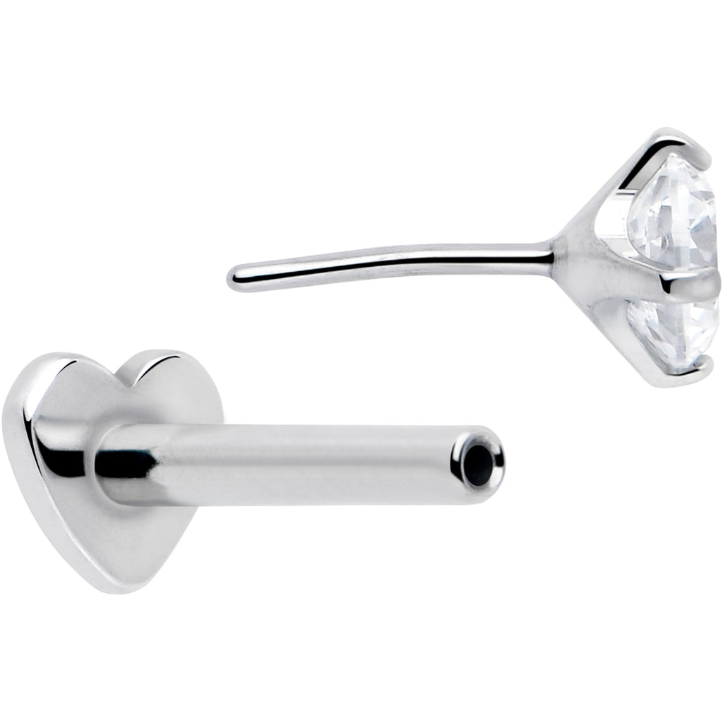 16G 5/16 Clear CZ Implant Grade Titanium Threadless Reversible Heart Flatback Stud