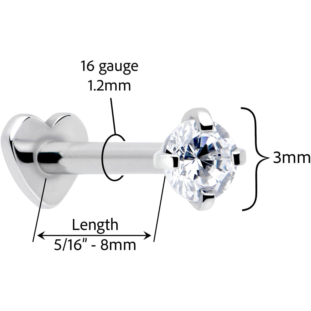 16G 5/16 Clear CZ Implant Grade Titanium Threadless Reversible Heart Flatback Stud